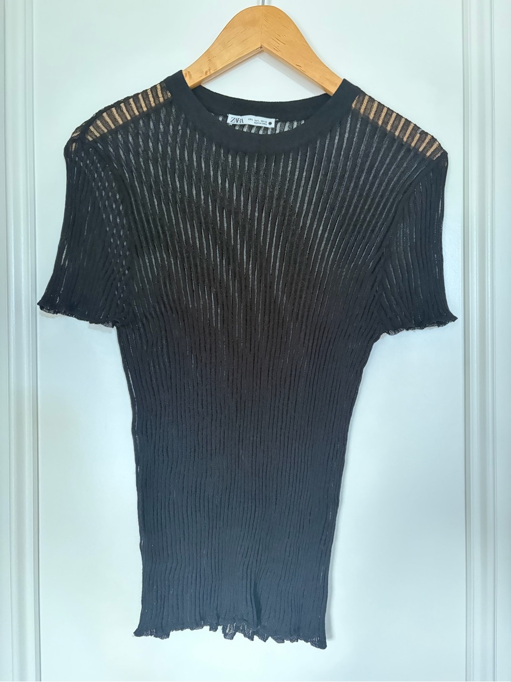 Zara Black Semi-Sheer Ribbed Short Sleeve Top
